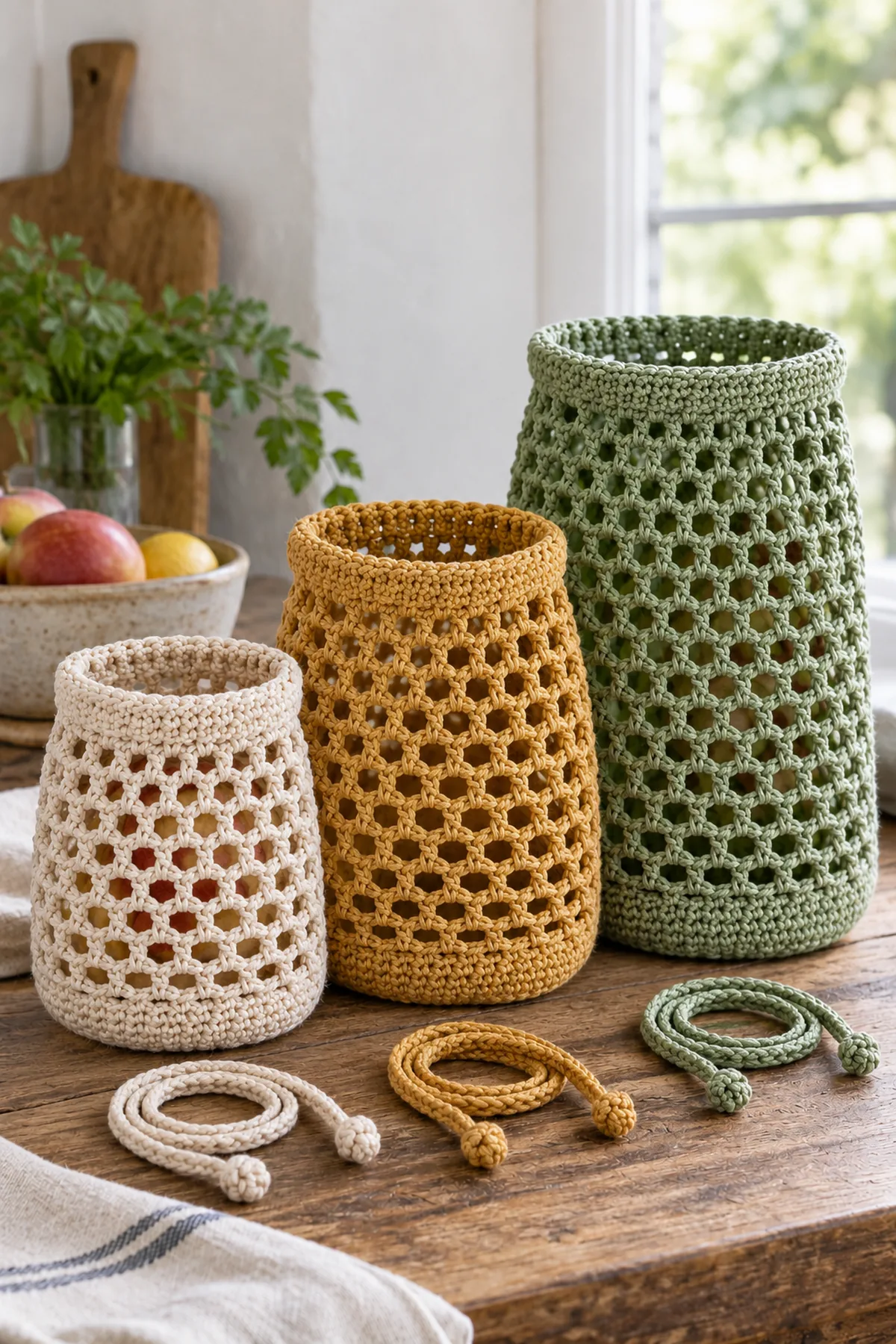 Three graduated cotton mesh sack bodies with open chain-space repeats before folded drawstring channels, separate cotton cords nearby