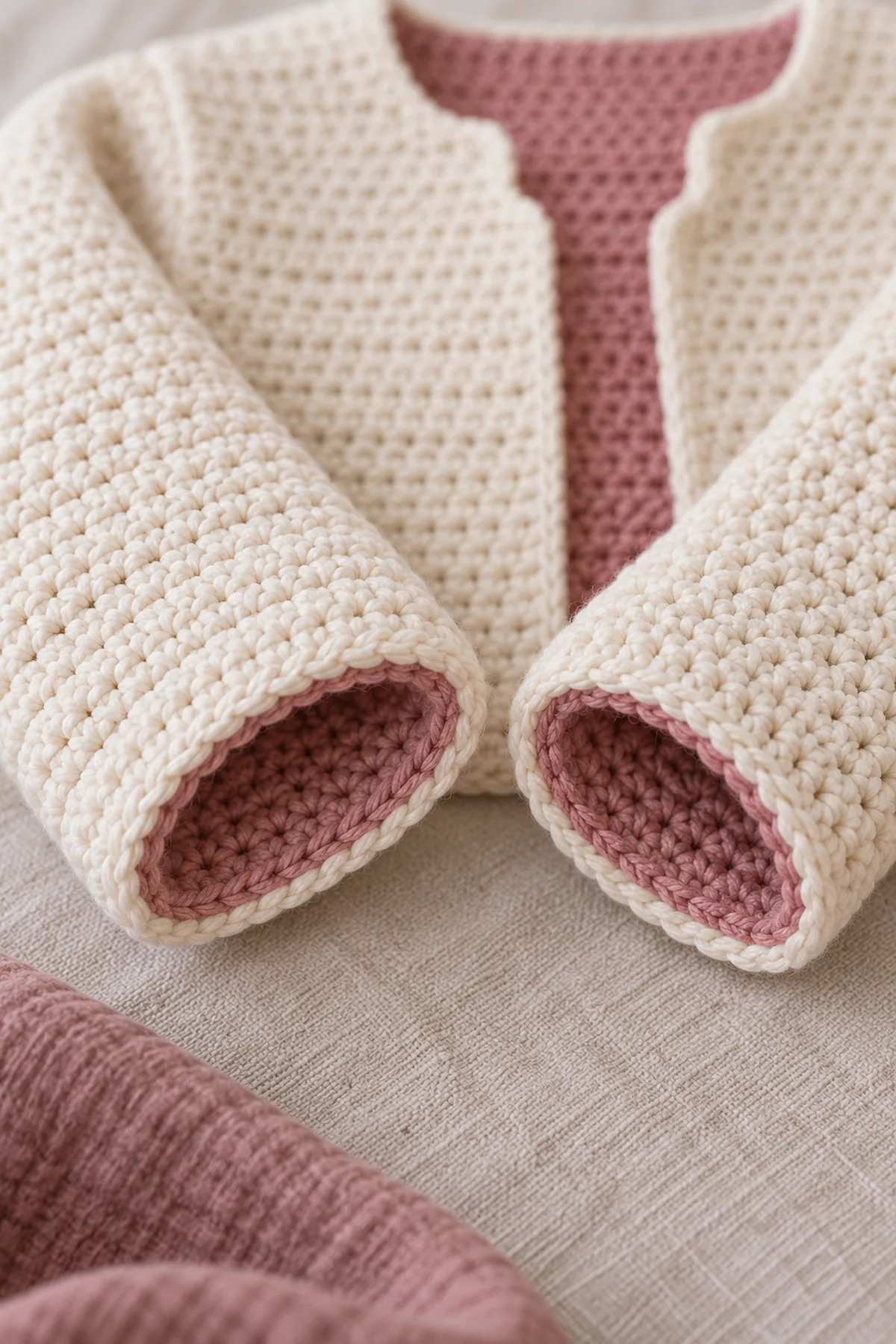 Close view of paired cream and faded-rose narrow single-crochet cuff edges with a discreet concealed join, both wearable public faces clean and no exposed seam allowance