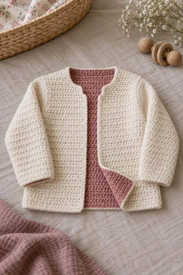 Lightweight reversible baby cardigan with cream HDC outer face and faded-rose full lining, open front, long sleeves, collarless stepped neck and one lower front corner turned to reveal rose