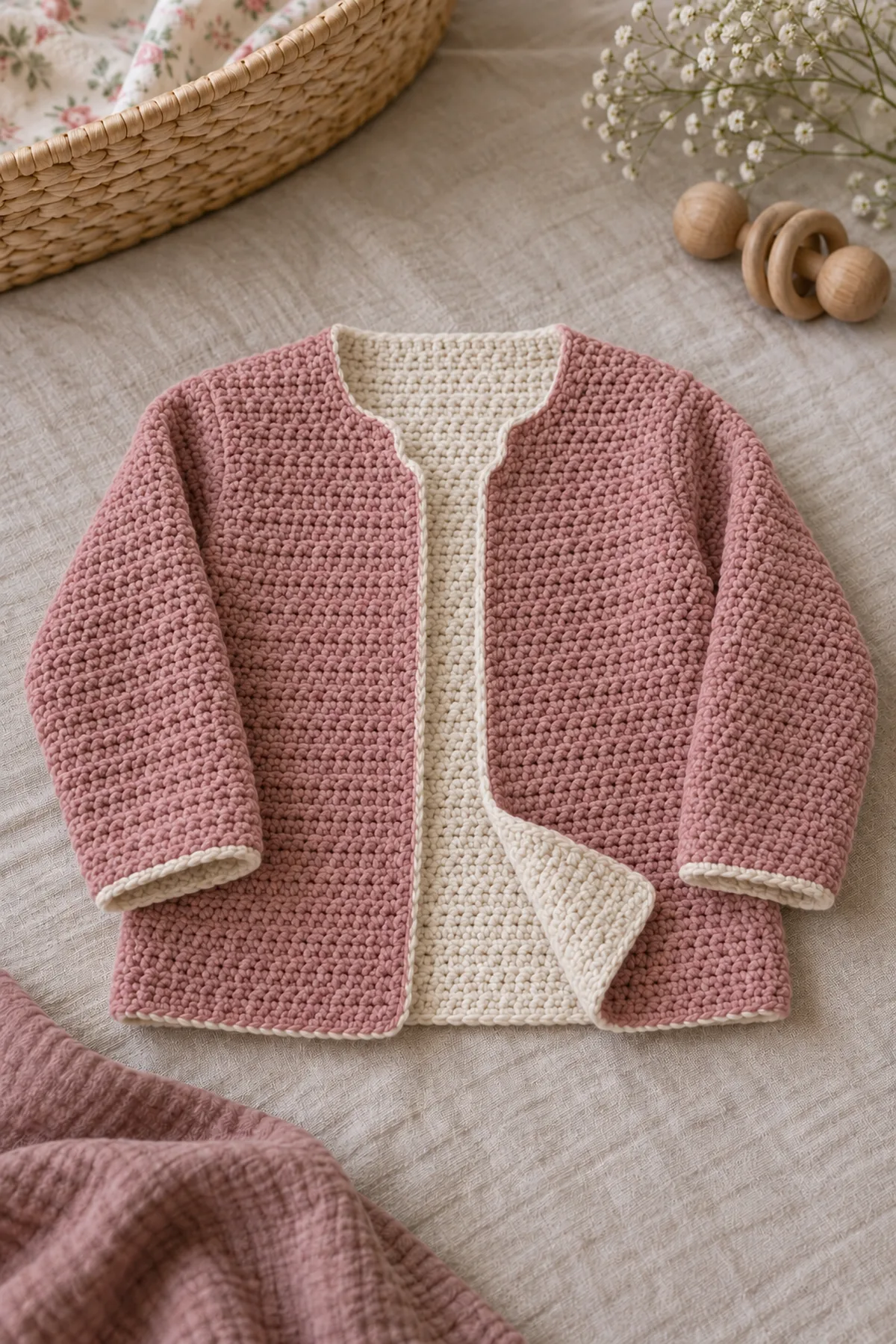 Finished lightweight reversible baby cardigan flat on linen, rose side outward and cream visible in one gently turned front corner, open front and long sleeves