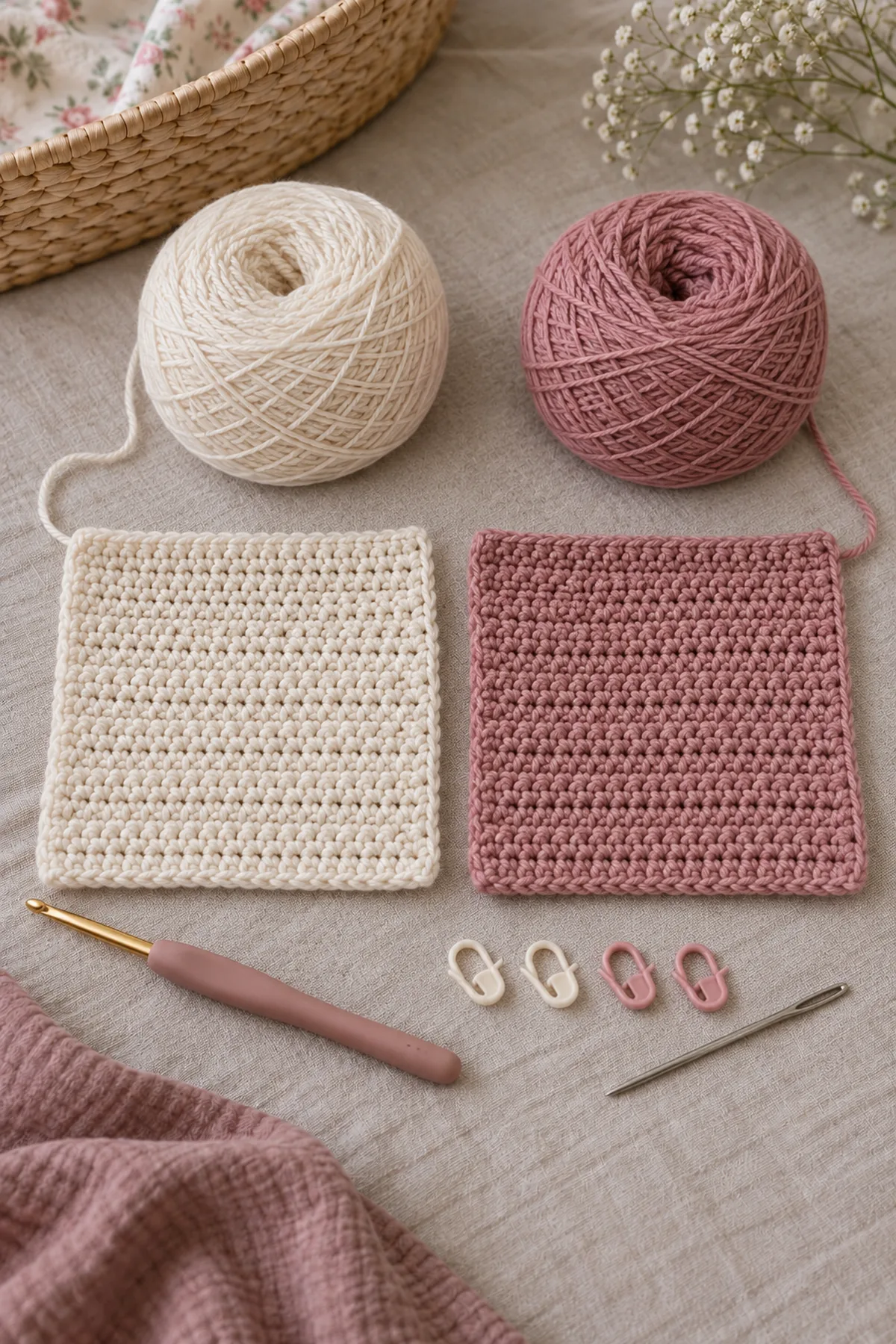Two matching fine fingering yarn colors cream and faded rose, crochet hook, two equal HDC gauge swatches, sleeve markers and needle