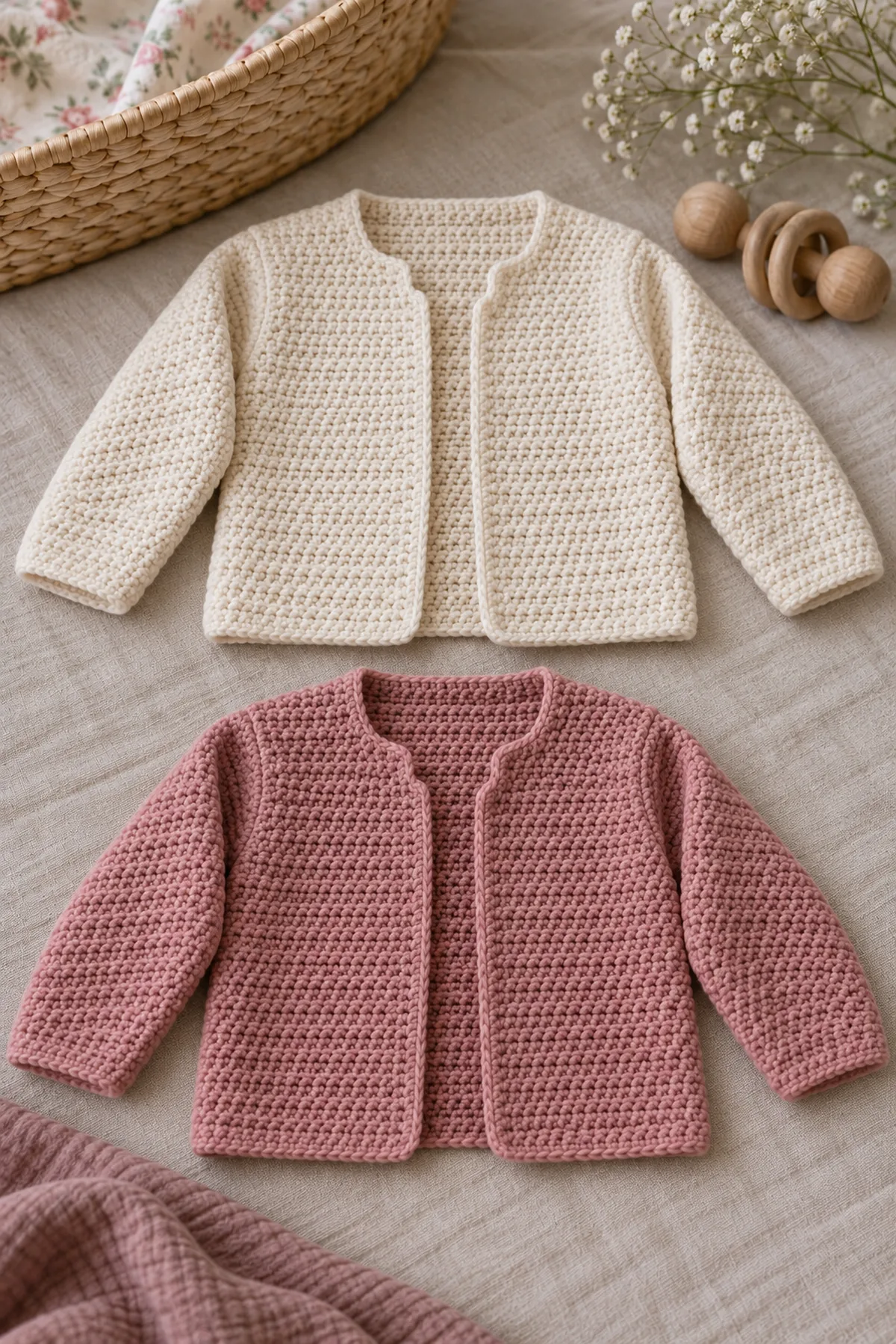 Two separate complete lightweight open-front HDC baby cardigan shells, one cream and one faded rose, both with long sleeves before nesting