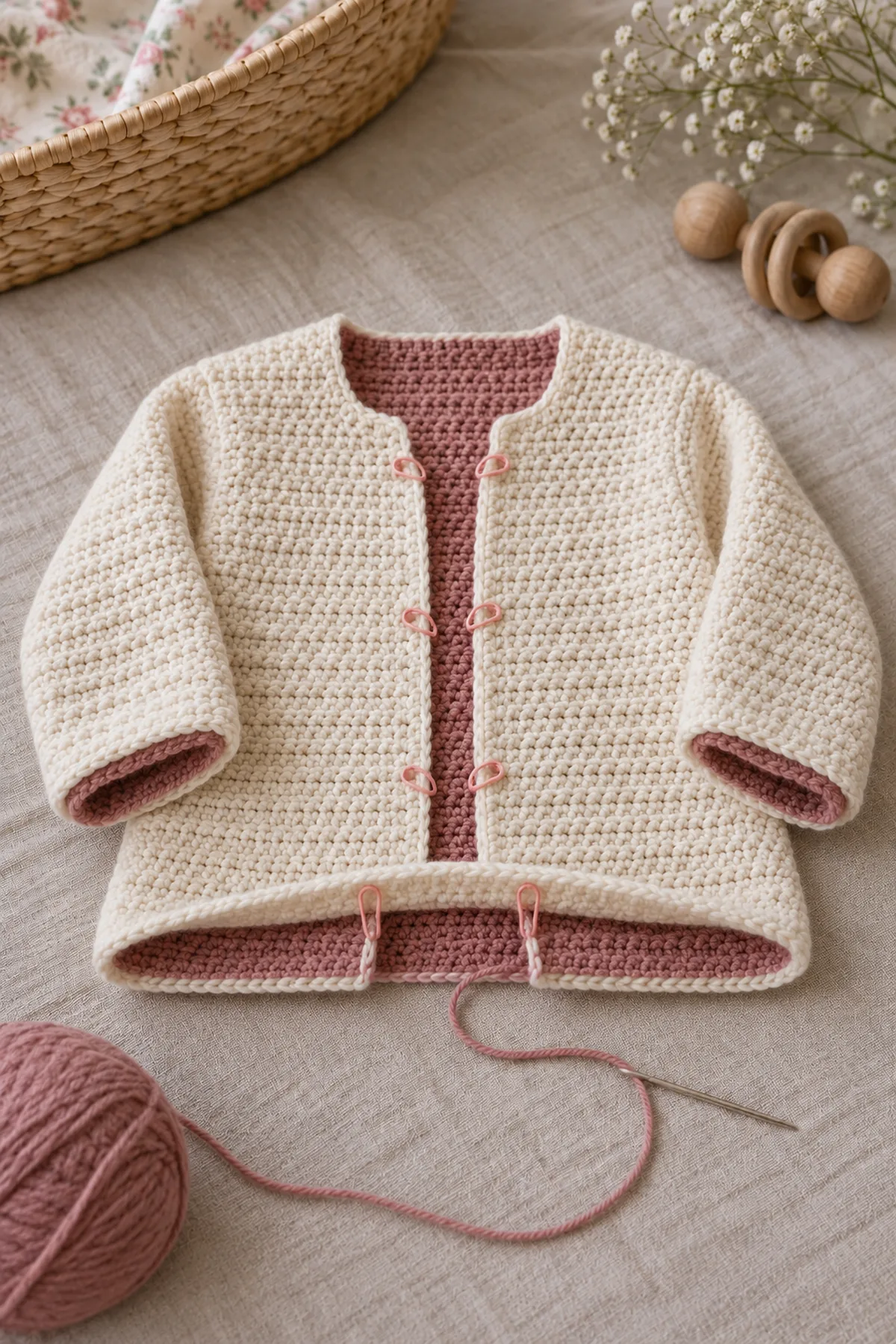 Cream and rose HDC cardigan shells nested with wrong faces together, matching cuffs and a small marked unsewn back-hem access opening before concealed edge joining