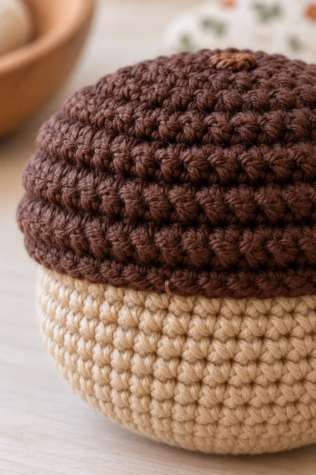 Close-up of fully seated cocoa ridged acorn cap overlapping the tan crochet cup, showing horizontal ridges and the flat embroidered brown stem mark; no protruding stalk or pins