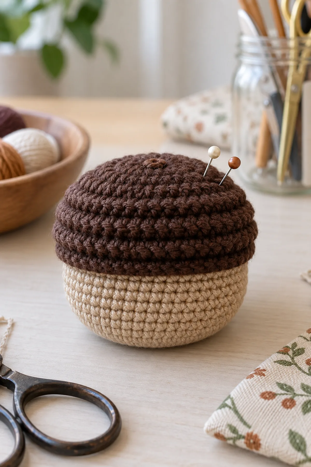Squat adult sewing-desk acorn pincushion, tan dense cotton crochet body with broad flat circular base, deep cocoa brown rounded cap covering upper part with four distinct horizontal ridges around cap sides. Tiny flat brown embroidered stem mark on cap top, no projecting stalk, no face or eyes, no loop. Two short headed pins inserted shallowly into cap with points hidden. Approx 3 inches wide and 2.5 inches tall on pale sewing table