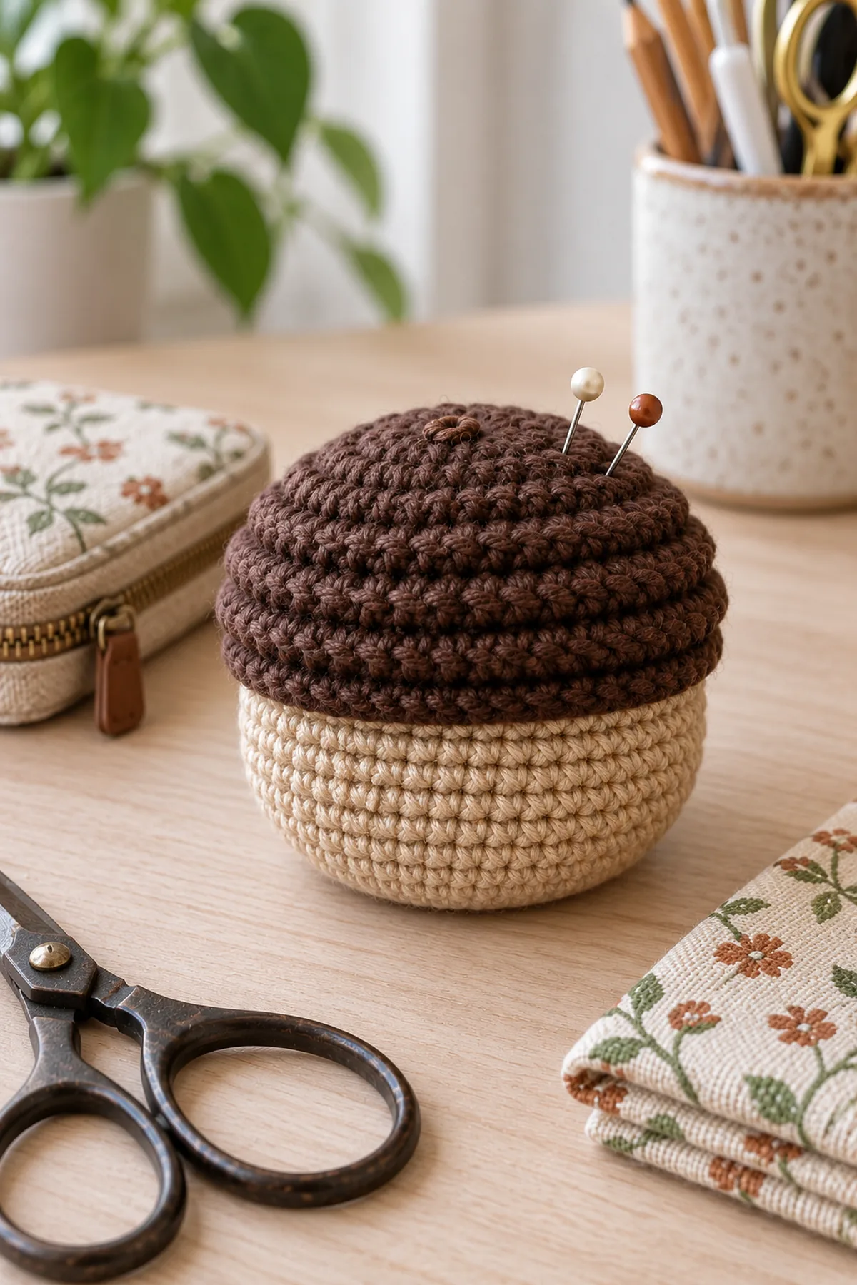 Same squat tan acorn pincushion with deep cocoa horizontally ridged cap and tiny flat embroidered stem mark, broad flat stable base, two headed pins with points concealed, on adult sewing desk beside closed needle case and folded fabric. No children, no people, no toys