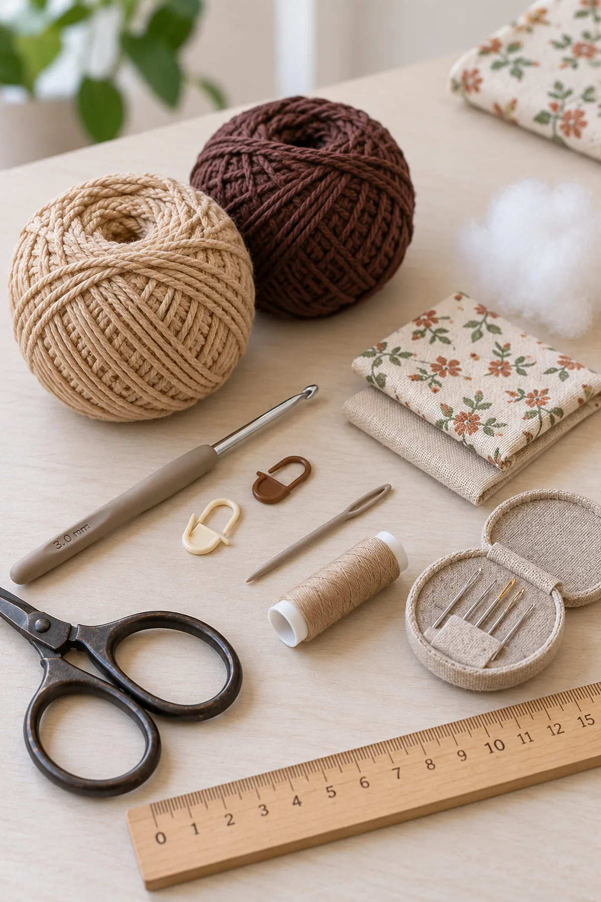 Tan and cocoa DK cotton, 3 mm hook, markers, blunt needle, sewing needle in closed needle case, strong thread, two cotton fabric squares, small amount of polyester filling, scissors and ruler on pale table. No weighted pellets, no finished acorn