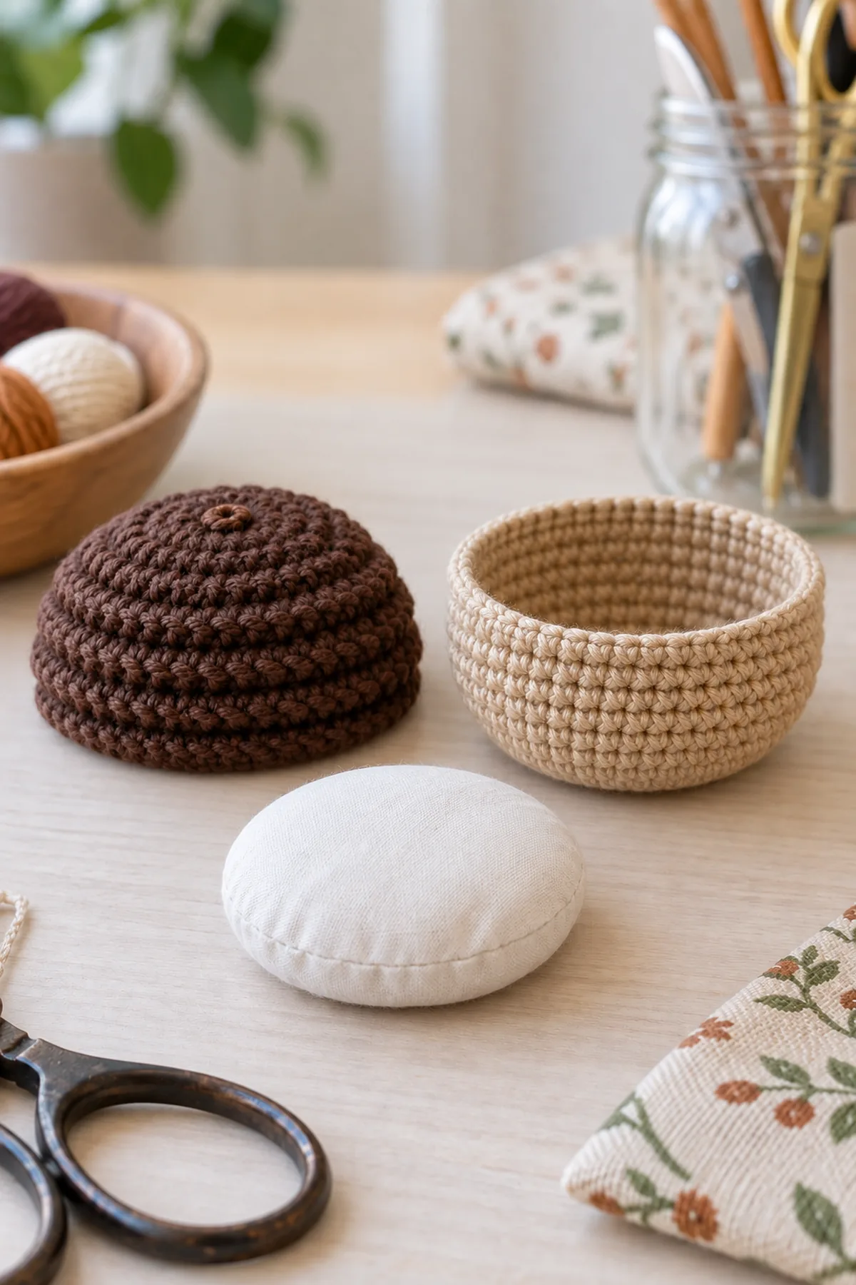 Separate shallow cocoa crochet cap with horizontal BLO ridges around its sides, tan empty squat cup and small soft closed white fabric stuffing sachet arranged apart on pale table; no loose stuffing, no pins, no assembly yet