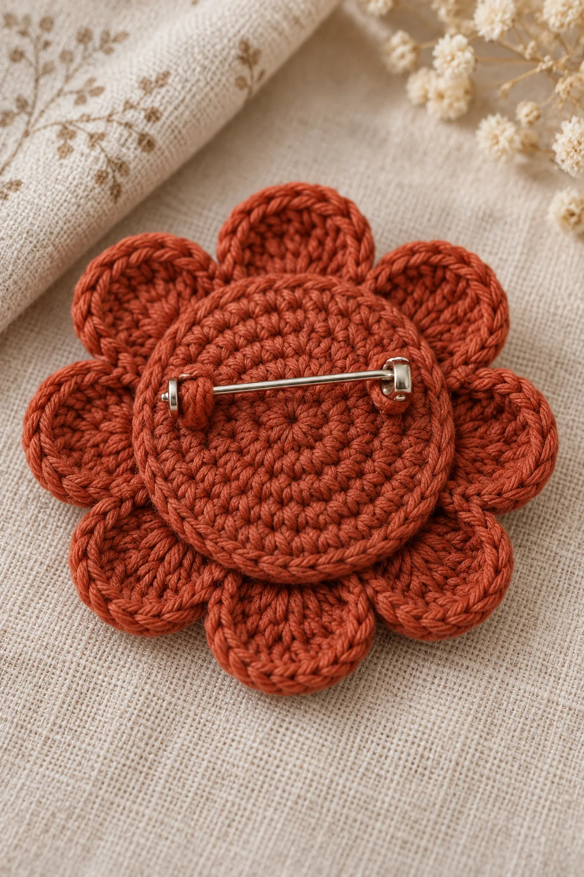 Close-up reverse side of crochet flower brooch showing felt sandwiched between discs and a removable locking metal bar threaded through two sewn cotton loops