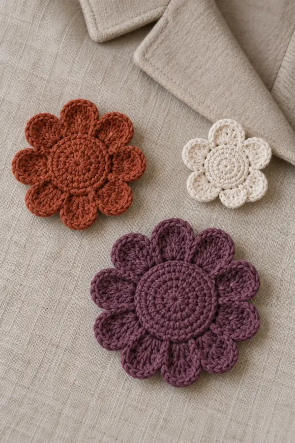 Three original crochet rose rosette brooches in cream rust and muted plum with 6 8 and 10 raised scalloped petals respectively, styled on neutral coat lapel, clearly distinct sizes