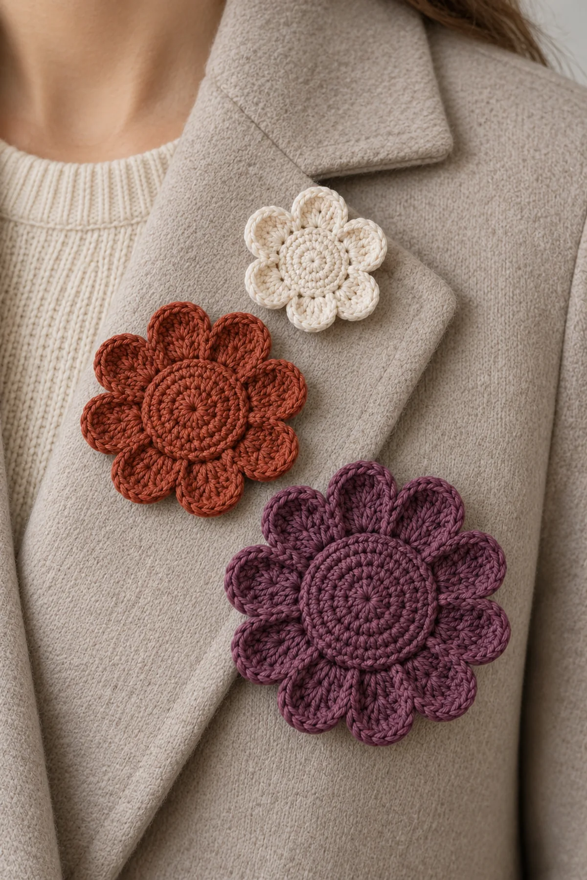 Finished small cream medium rust and large plum crochet rosette brooches safely pinned to an adult neutral wool coat lapel, no child or toy