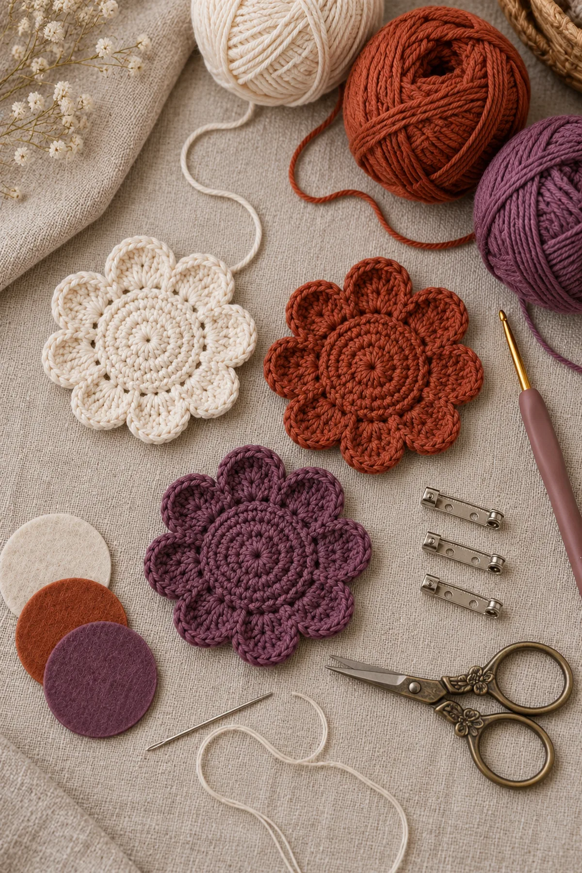 Cream rust and muted plum smooth cotton yarn, fine crochet hook, three closed locking brooch bars, thin felt circles, thread, needle and scissors