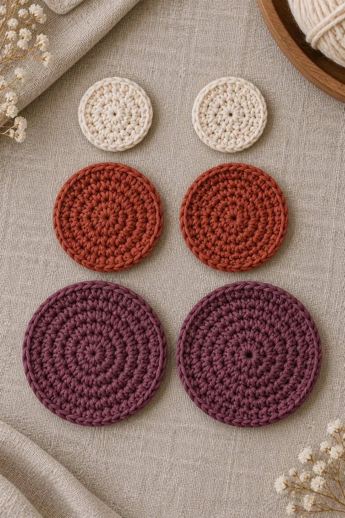 Three flat increasing crochet center discs with 18 24 and 30 visible single crochet stitch positions, before raised petals