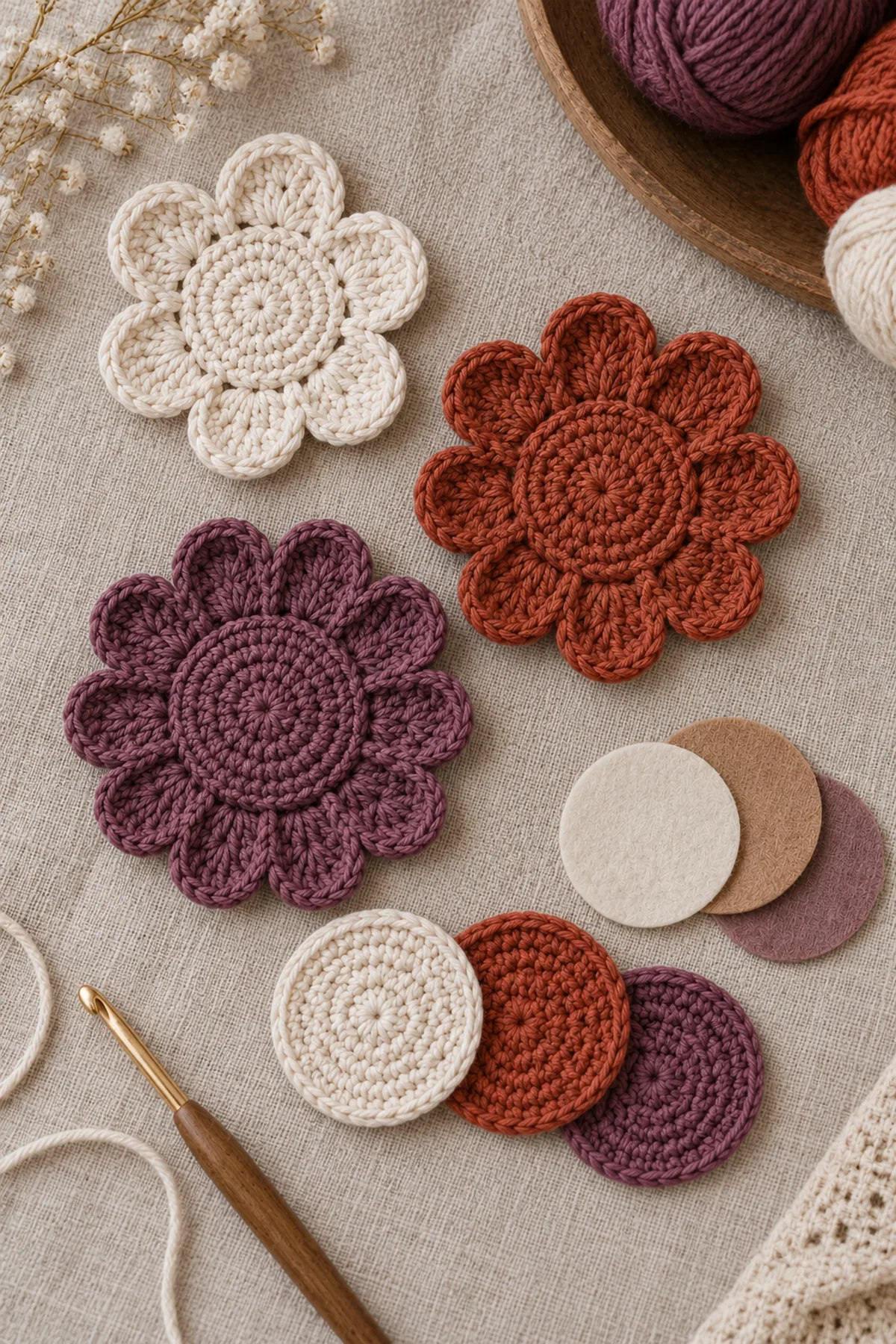 Partly assembled cream rust and plum rosettes showing five-double-crochet raised petals and separate matching flat backing discs