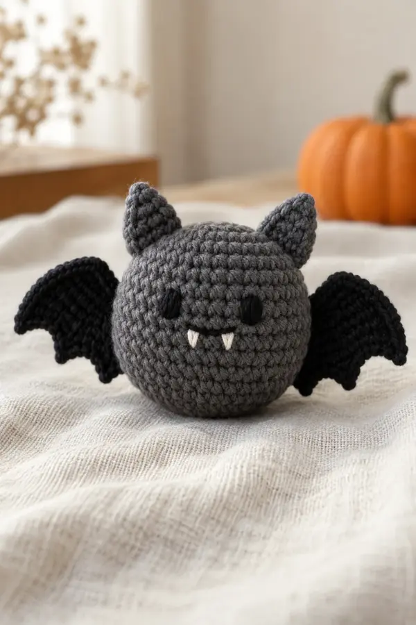 Original 5-inch charcoal round bat shelf plush with flat base, two gray pointed ears, black scalloped wings, embroidered eyes and tiny white fangs; no hanging loop or text.