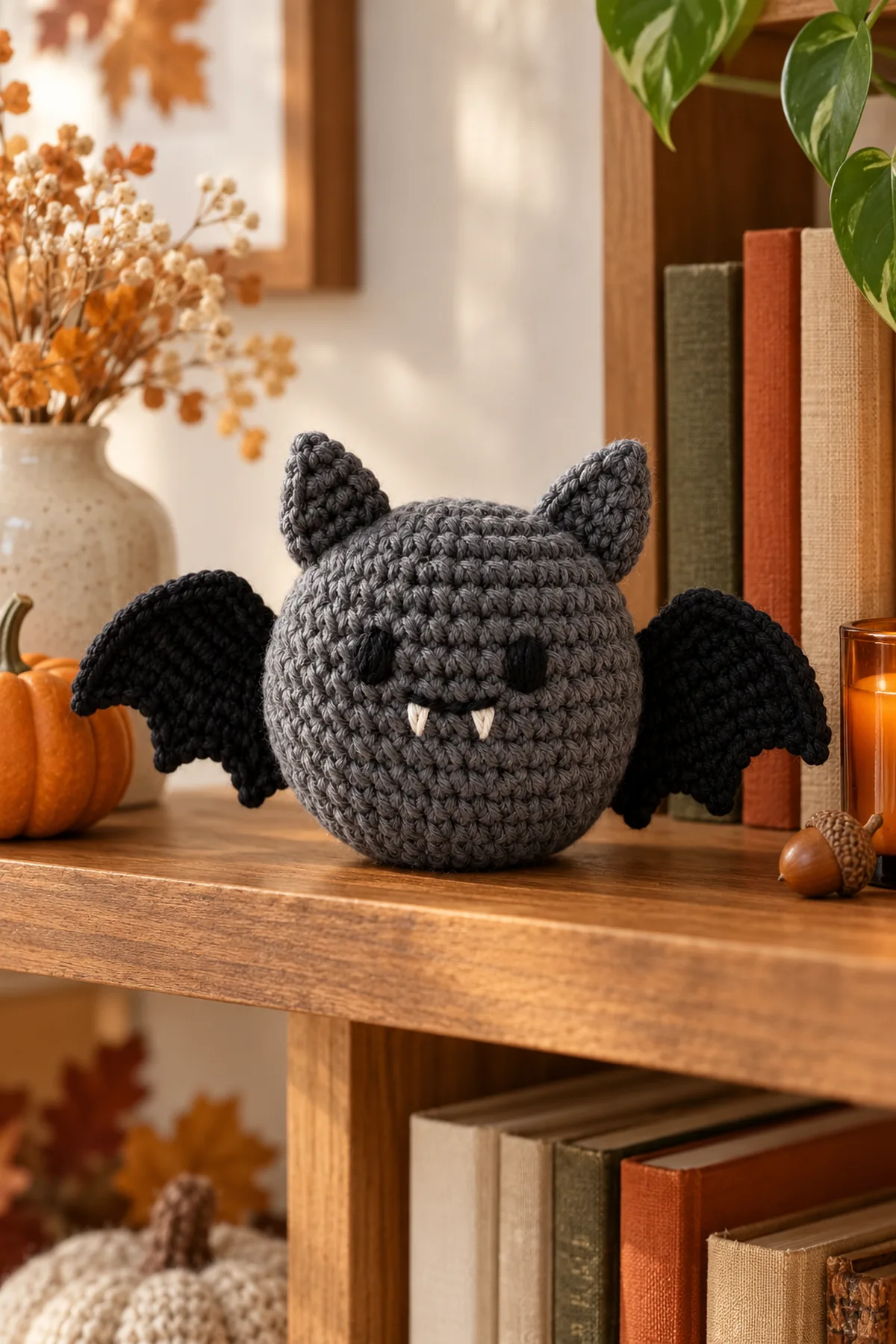 Same finished free-standing bat plush on an autumn shelf with no hanger or keychain hardware; soft window light and no text.