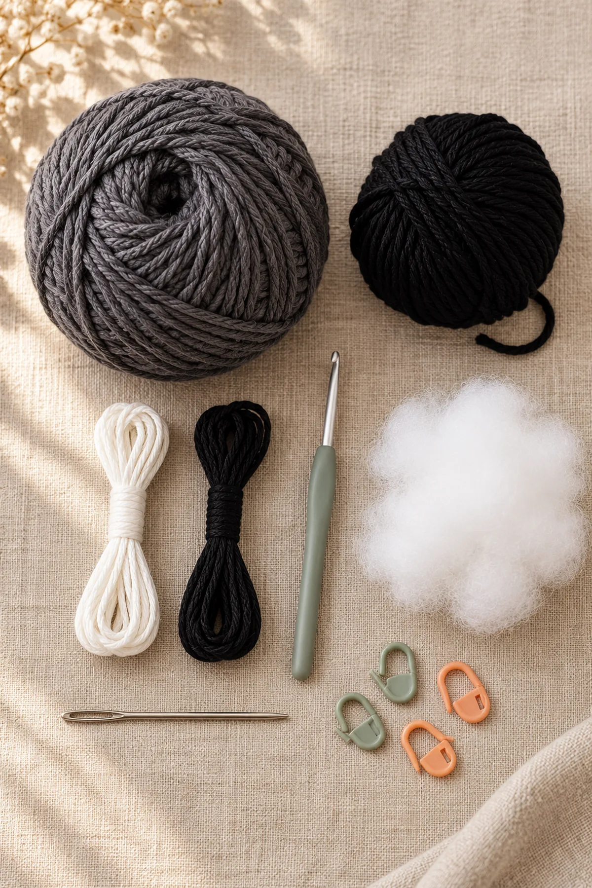 Supplies-only flat lay of charcoal and black cotton, white and black embroidery yarn, 3.5 mm hook, stuffing, needle and markers; no assembled bat.