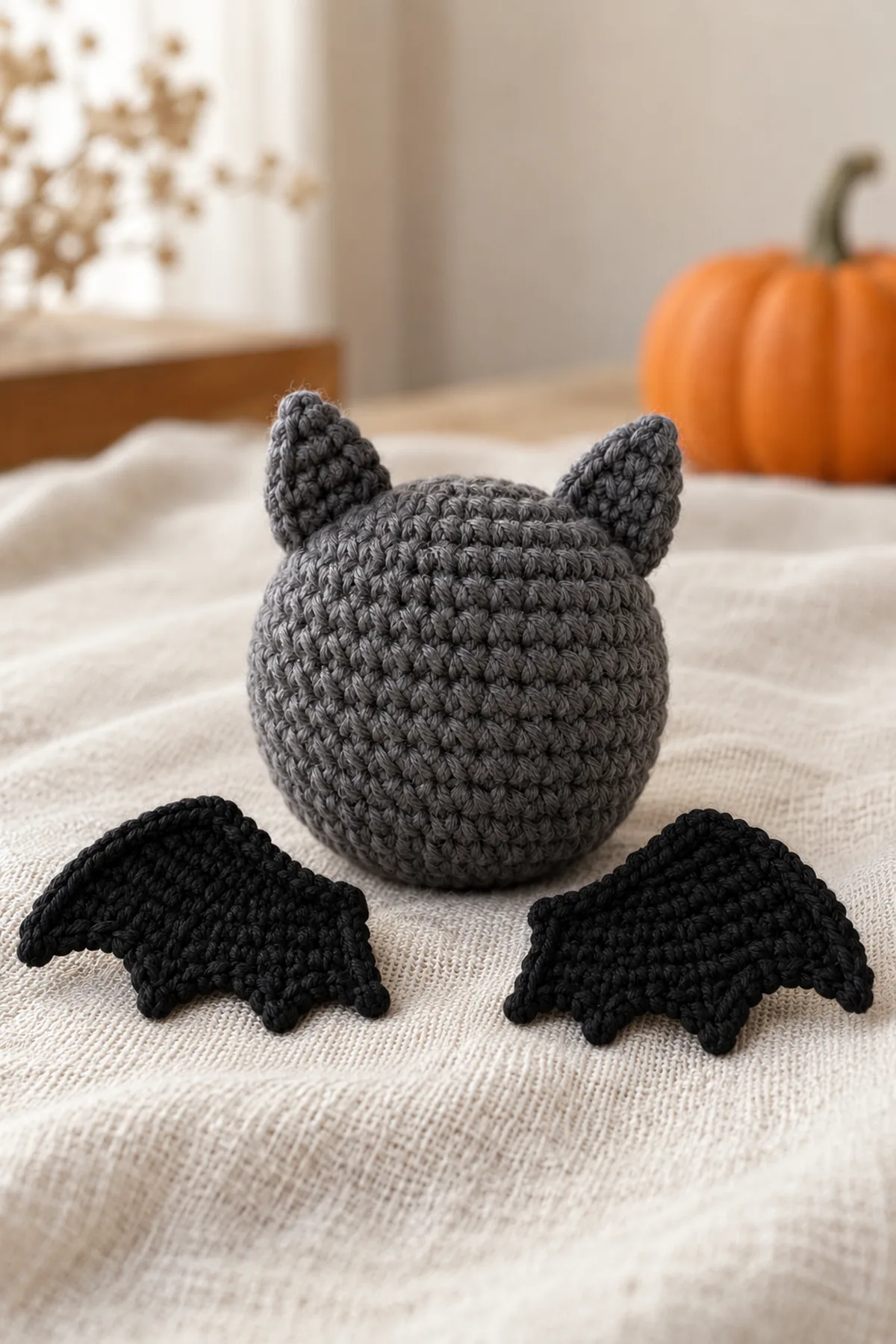 Closed charcoal bat body with embroidered face beside two separate gray flat ears and two wide black three-fan wings before attachment.
