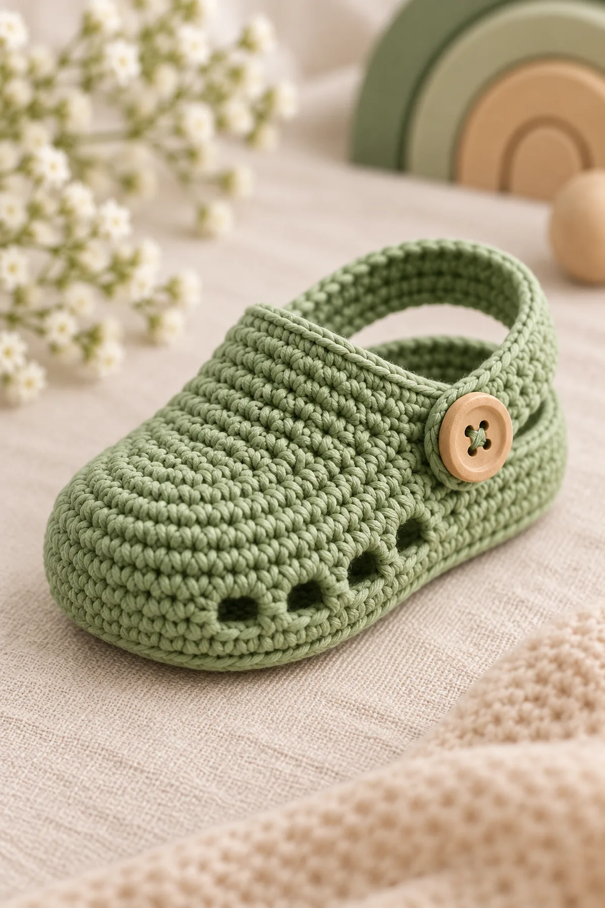 Close detail of sage clog showing small lower ventilation eyelets, rounded closed toe and firmly sewn rear strap with tan wooden side button.