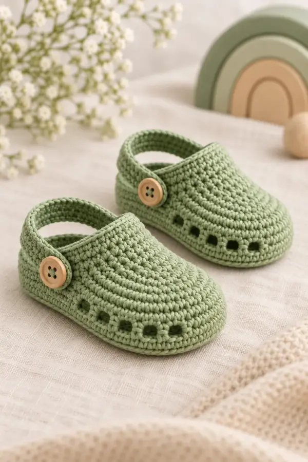 Sage-green crochet baby clogs with a rounded closed toe, ten small ventilation eyelets around the low forefoot, a shallow heel cup, and a separate rear strap with a small tan wooden side button. Smooth tightly worked cotton; preserve the reference silhouette and sage palette. Finished items only. Original product photograph composition; no copied reference text or layout.