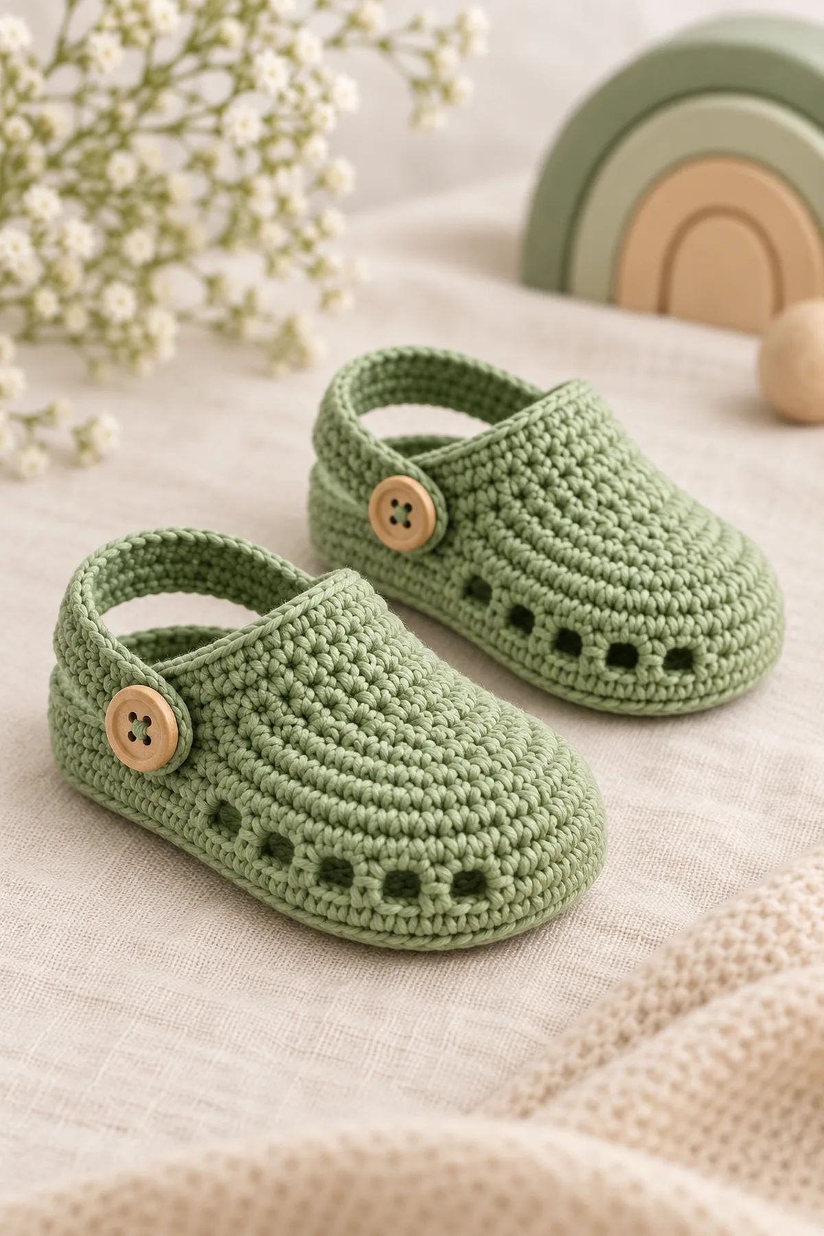 Sage-green crochet baby clogs with a rounded closed toe, ten small ventilation eyelets around the low forefoot, a shallow heel cup, and a separate rear strap with a small tan wooden side button. Smooth tightly worked cotton; preserve the reference silhouette and sage palette. Finished items only. Original product photograph composition; no copied reference text or layout.