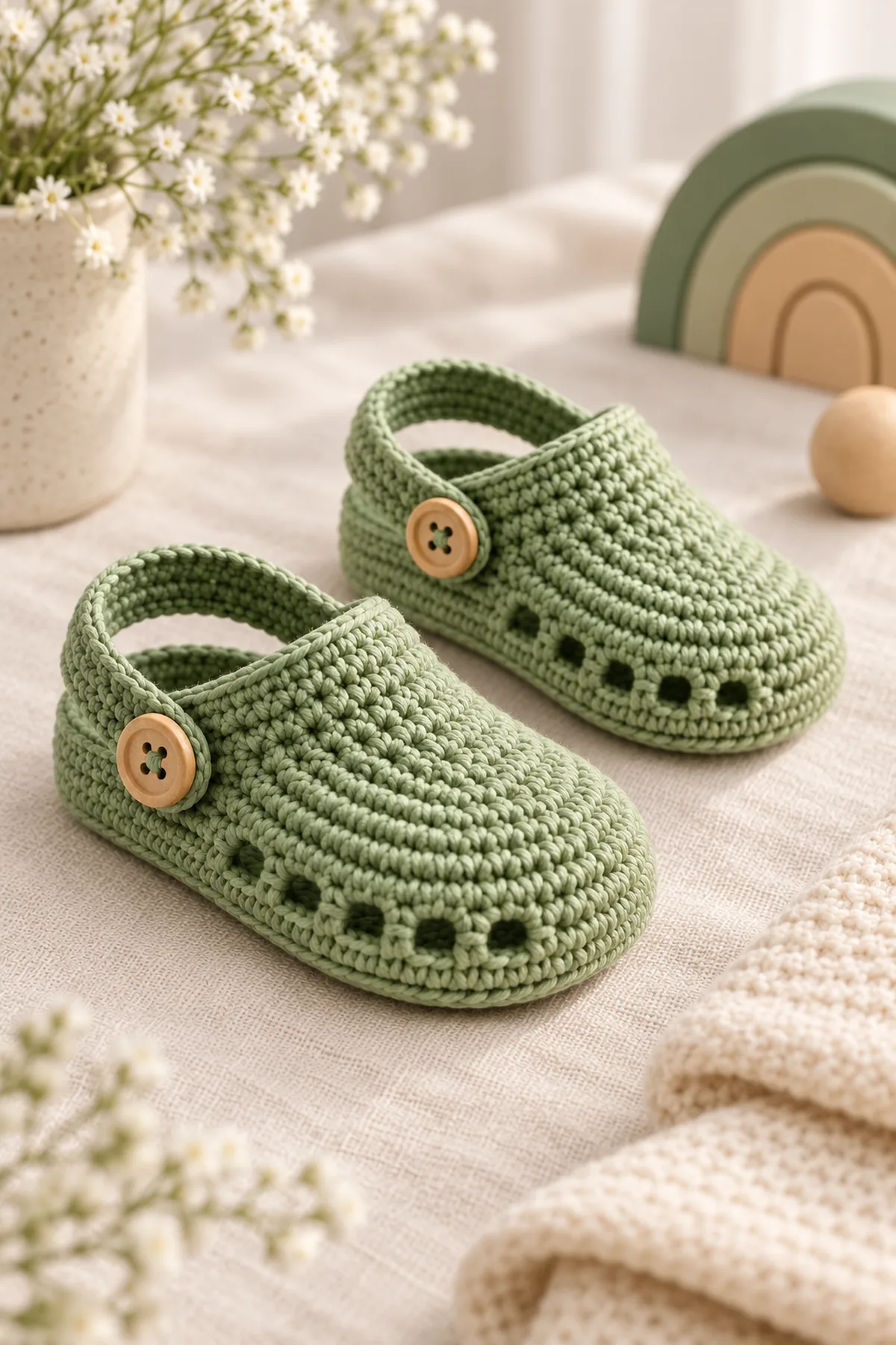 Sage-green crochet baby clogs with a rounded closed toe, ten small ventilation eyelets around the low forefoot, a shallow heel cup, and a separate rear strap with a small tan wooden side button. Smooth tightly worked cotton; preserve the reference silhouette and sage palette. Finished set arranged on pale linen beside a small folded cotton cloth, soft daylight; no people and no text.