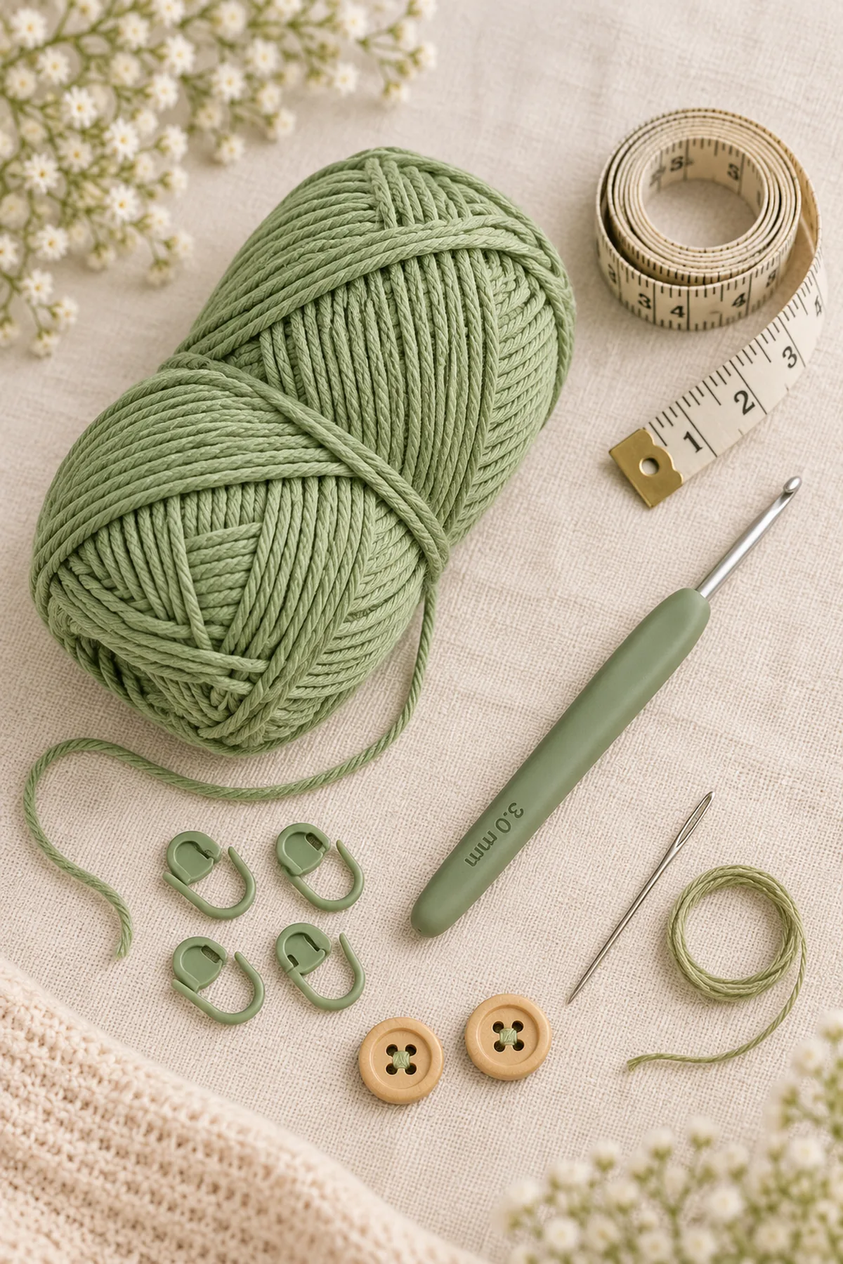 Supplies-only flat lay: Planning allowance: 90 m sage DK cotton plus swatch yarn; two small tan wooden buttons about 12 mm across; 3 mm crochet hook, four locking markers, blunt yarn needle, tape measure and scissors; Strong matching sewing thread and sewing needle for reinforced strap attachments; small amount of tan embroidery yarn for a button-free alternative. No completed or partial crochet project.