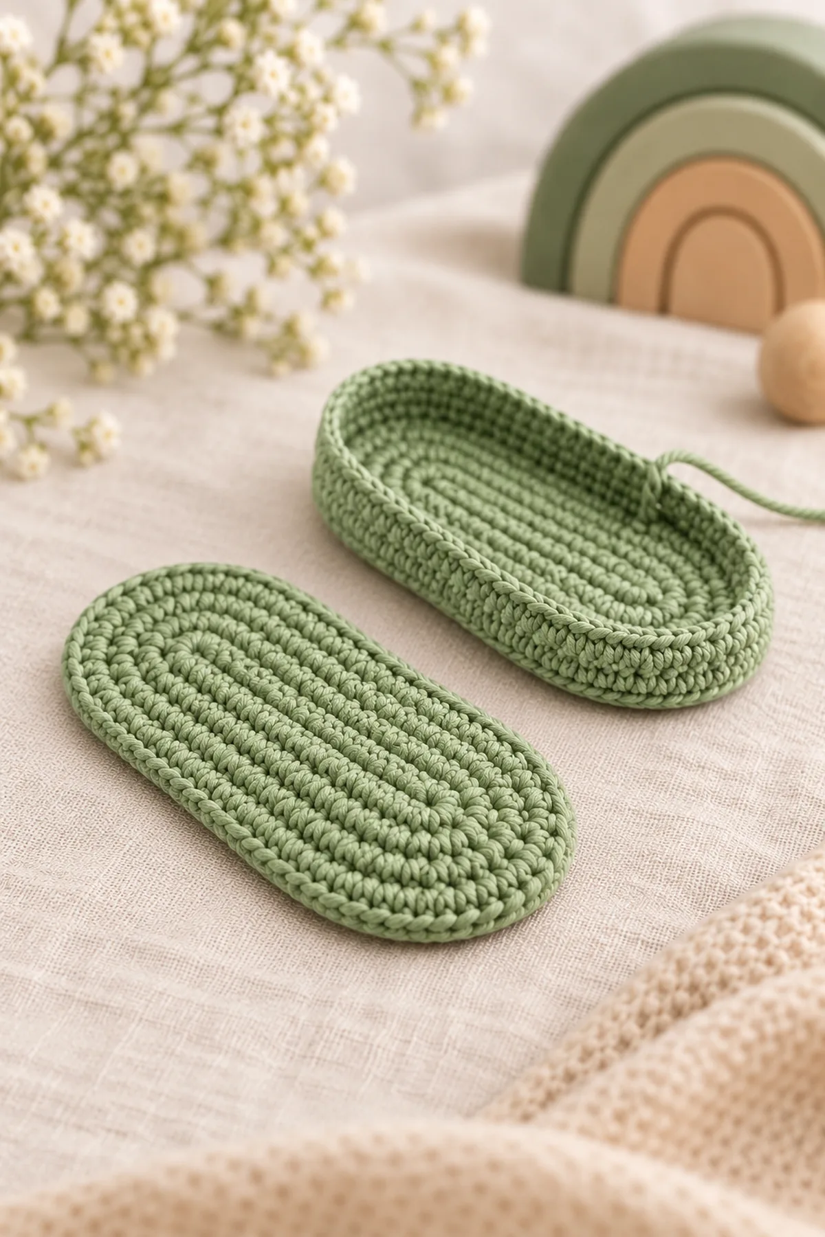 Two flat sage oval crochet soles, one with only a low unfinished vertical wall and a stitch marker; no finished toe upper, heel strap or button yet.