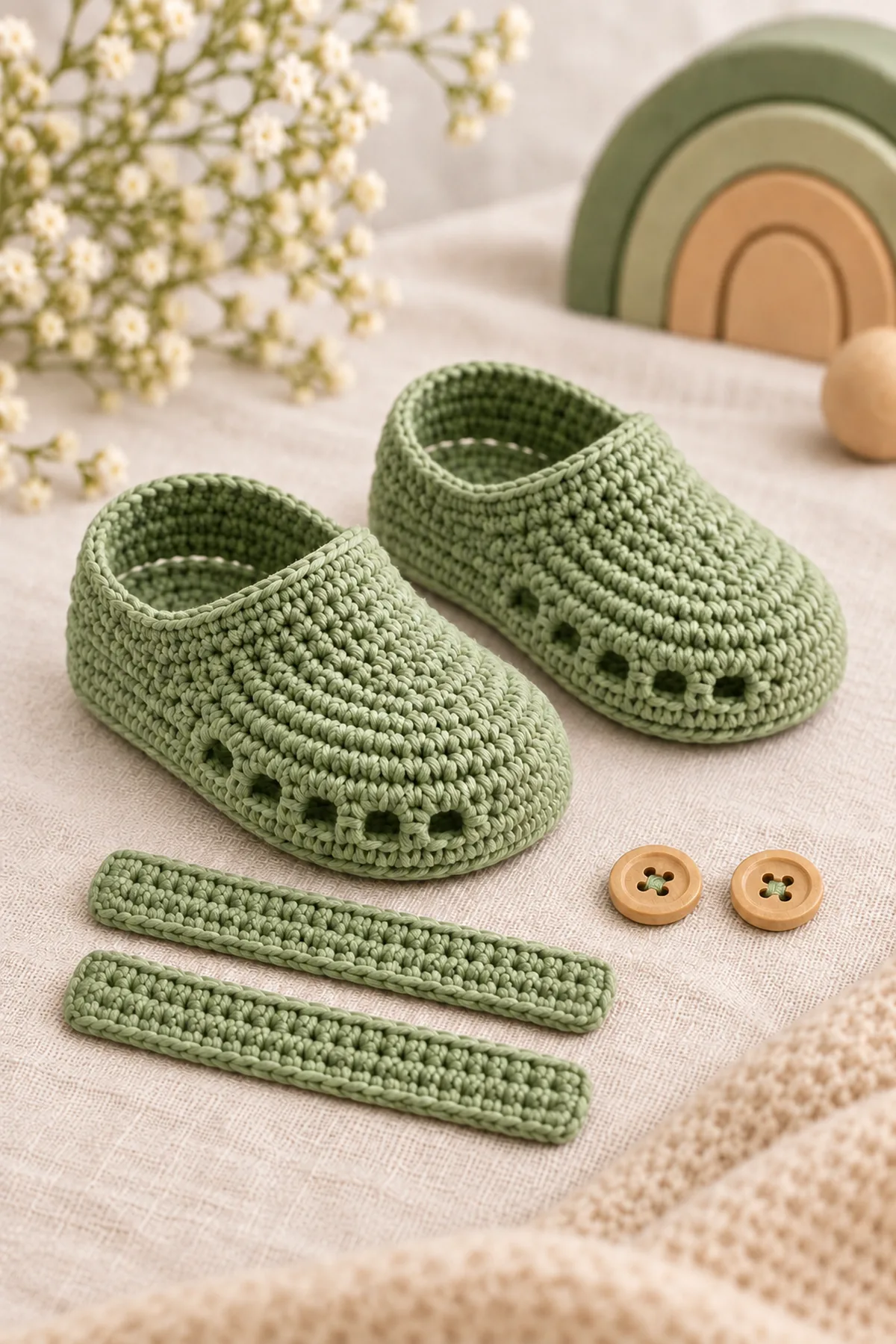 Pair of sage clogs with completed closed toe uppers and low eyelet row, beside two separate narrow sage rear strap strips and two tan buttons ready to sew; no attached straps yet.