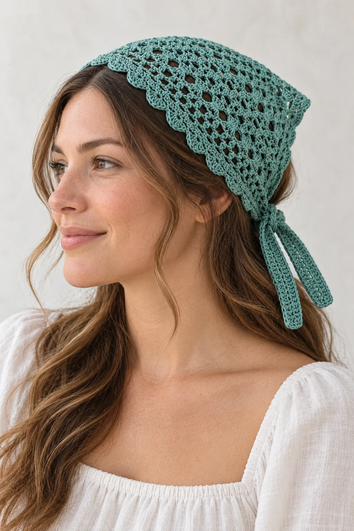 Adult woman wearing the same muted-teal shallow lace crochet bandana over hair with two broad ties knotted behind head, natural daylight, no child