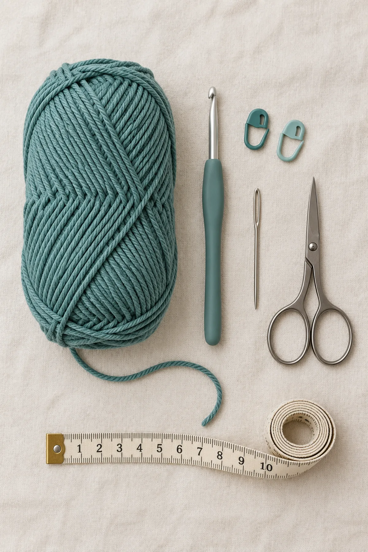 Smooth muted-teal cotton DK yarn, 4 mm crochet hook, two markers, yarn needle, scissors and measuring tape on cream linen