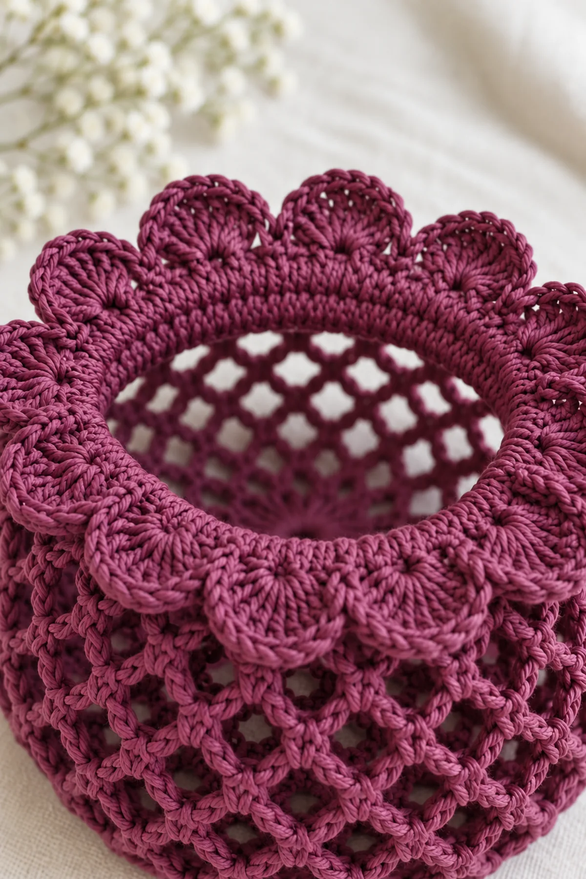 Close macro of plum crochet bun snood mouth showing neatly enclosed narrow elastic beneath solid single-crochet rim and small repeated five-double-crochet fan scallops, regular open chain mesh behind, no beads or knots
