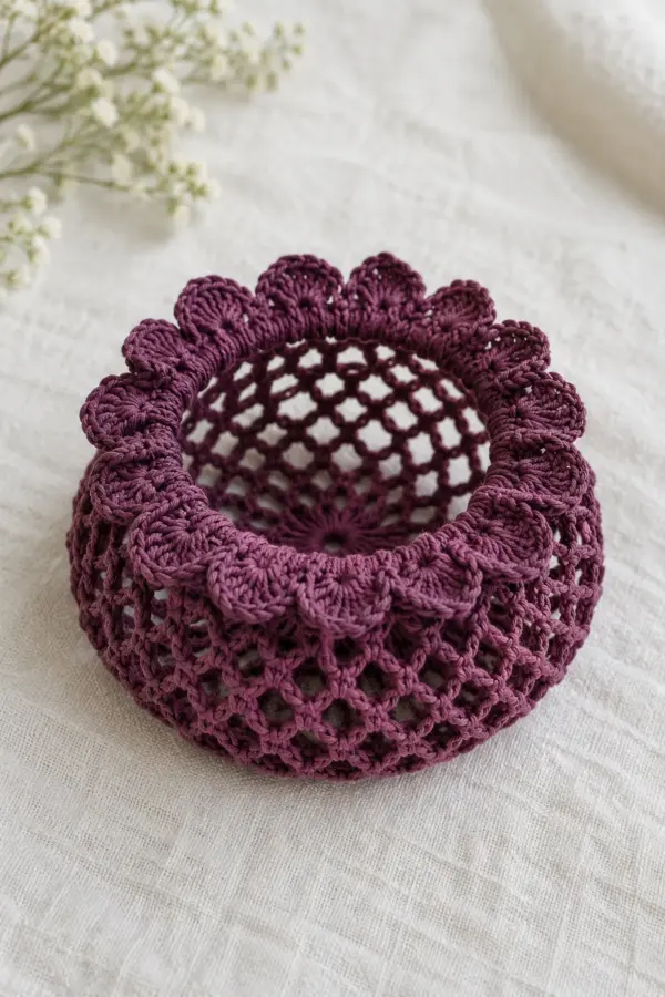 Original plum DK cotton crochet low-bun snood, small rounded open chain-mesh pouch with a gently gathered elastic mouth and eighteen small soft five-double-crochet fan scallops around that mouth, displayed on pale linen as a clearly hollow hair pouch, no beads no ties no forehead headband, soft radial mesh center visible