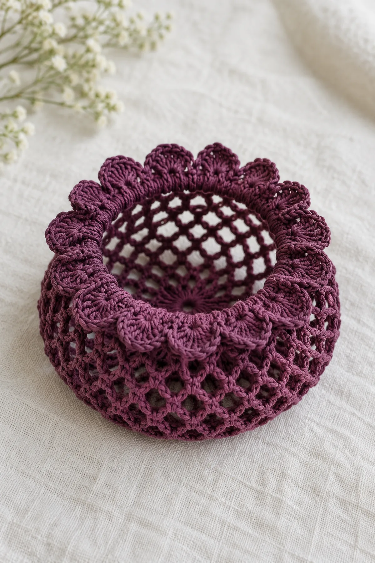 Original plum DK cotton crochet low-bun snood, small rounded open chain-mesh pouch with a gently gathered elastic mouth and eighteen small soft five-double-crochet fan scallops around that mouth, displayed on pale linen as a clearly hollow hair pouch, no beads no ties no forehead headband, soft radial mesh center visible
