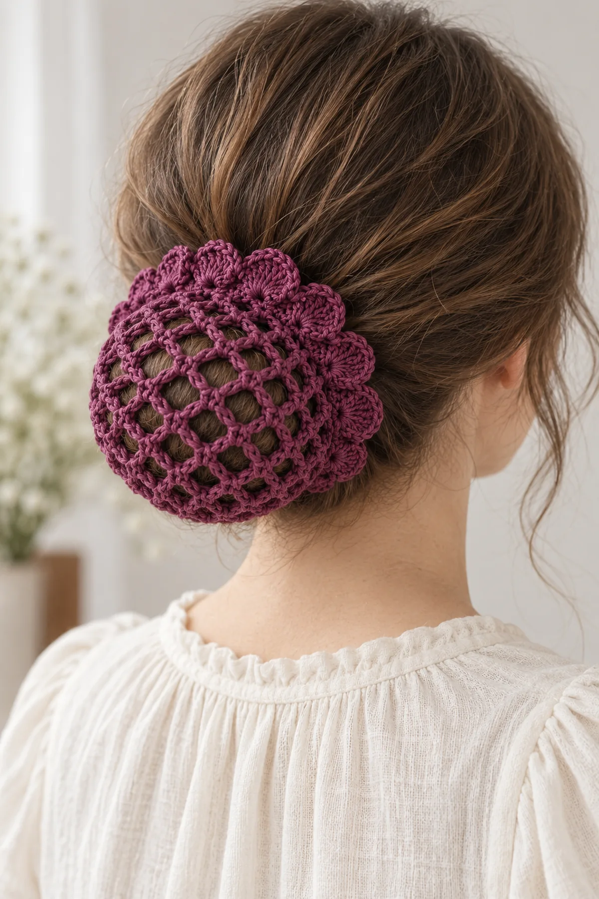 Back close-up of an adult wearing a plum open-mesh crochet snood over one low bun at the nape, small gathered scalloped elastic opening encircling bun base only and not forehead or whole head, natural brown hair visible through mesh, cream blouse and soft daylight