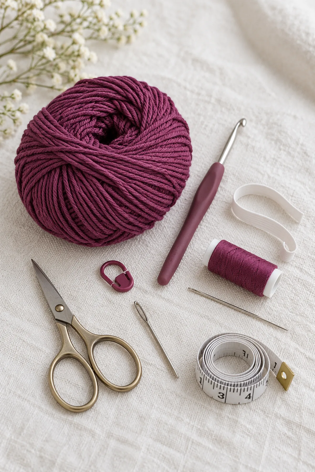 Plum DK cotton yarn, 3.5 mm hook, short length of narrow quarter-inch soft elastic, sewing needle and matching thread, stitch marker, blunt needle, scissors and measuring tape on pale linen