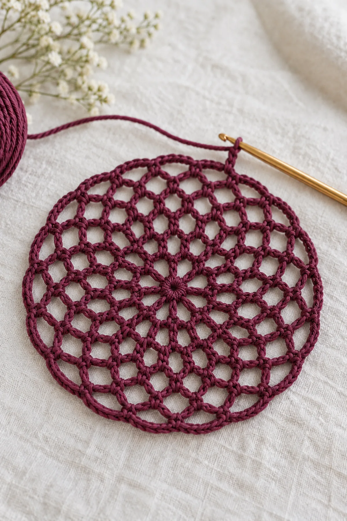 Unfinished plum crochet hair snood radial mesh disk with small closed eight-stitch center expanding into open chain arches, live loop and working hook at outer edge, no elastic and no scalloped rim yet, laid flat
