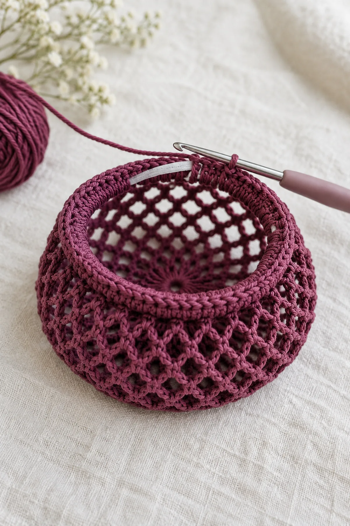 Plum rounded open mesh hair pouch at finishing stage, solid circular rim with sewn narrow elastic loop being enclosed under new single crochet stitches, elastic partially visible on inside, hook and live yarn, scallops not yet added