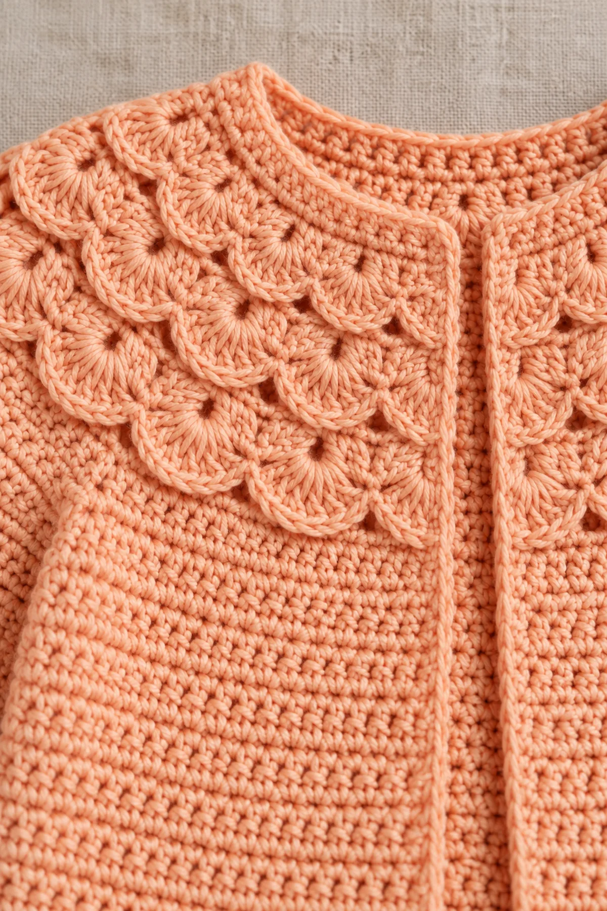 Macro close-up of three graduated rows of integrated apricot crochet fan shells and smooth hdc transition, no sewn-on petals