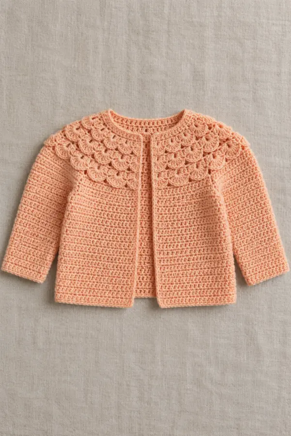 Original soft-apricot open-front long-sleeve crochet baby cardigan with a wide integrated graduated fan-shell round-yoke crown on cream linen