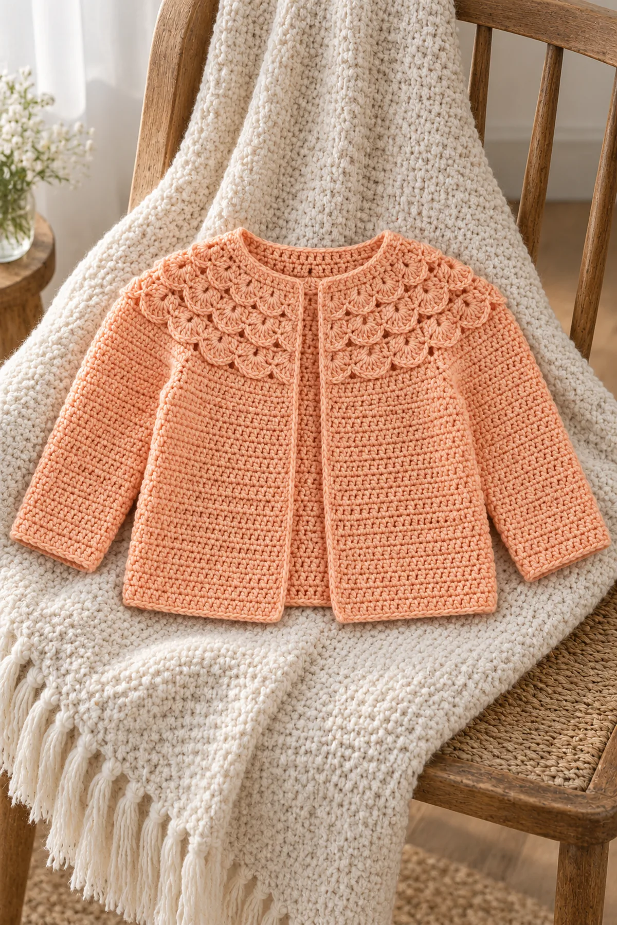 Finished apricot Shell-Crown round-yoke baby cardigan styled flat on calm neutral fabric with open front and matching long sleeves, no baby