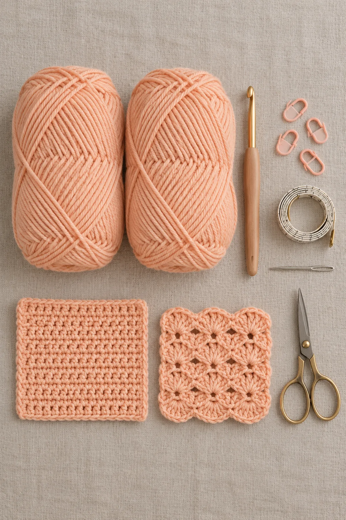 Soft apricot DK yarn, 4.5 mm hook, twelve shell-repeat markers, washed hdc and shell swatches, measuring tape and yarn needle