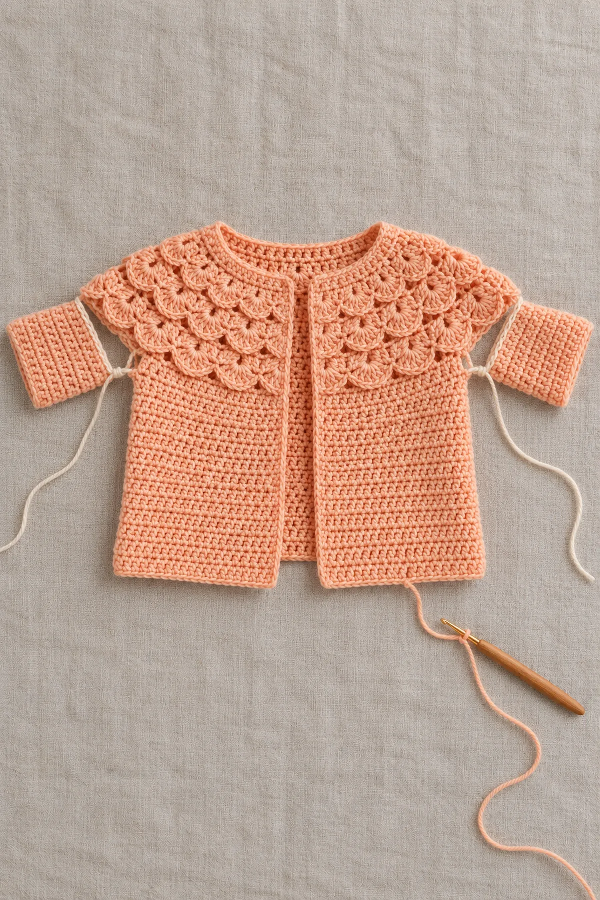 Apricot crochet baby cardigan with two 24-stitch sleeves held and straight 68-stitch body being worked beneath completed shell crown