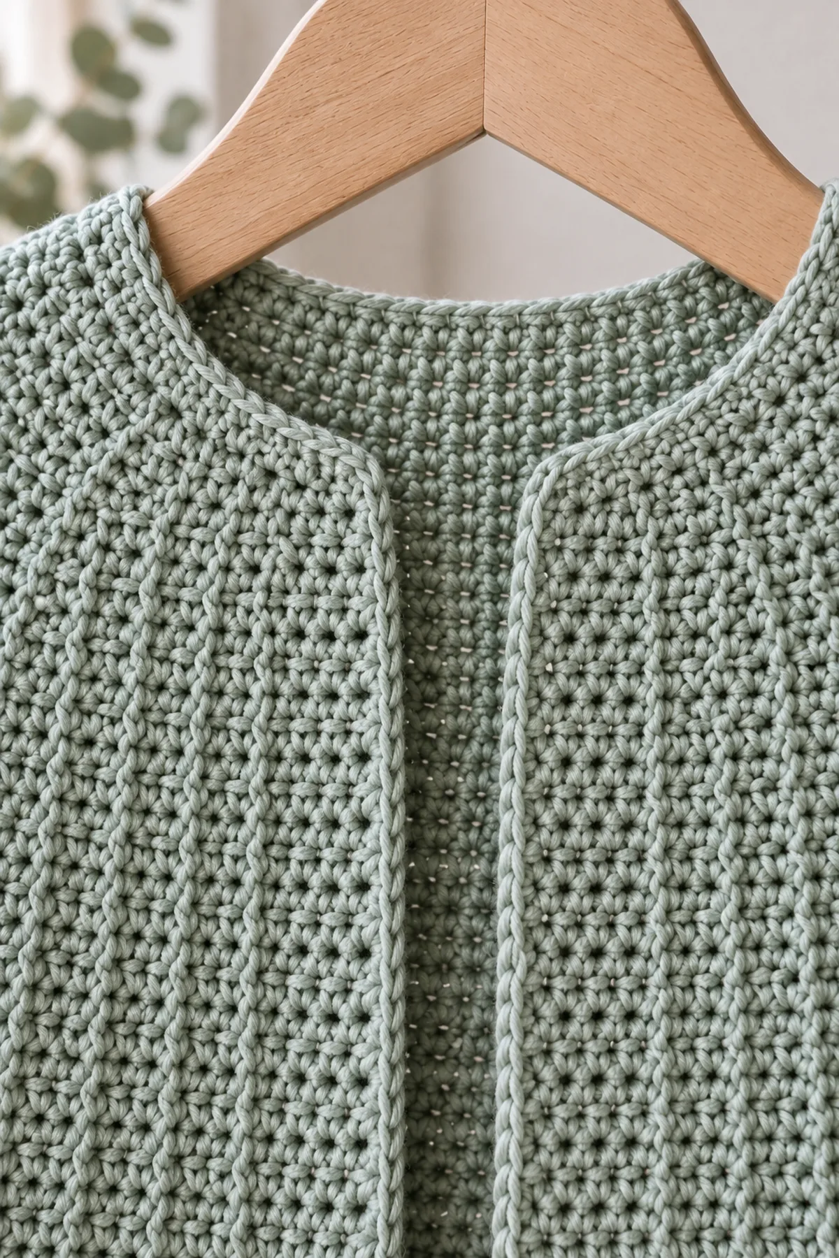 Macro of closed single-crochet short-row turn joins on a pale-eucalyptus crescent neckline, subtle vertical wedge lines, no loose gaps or lace