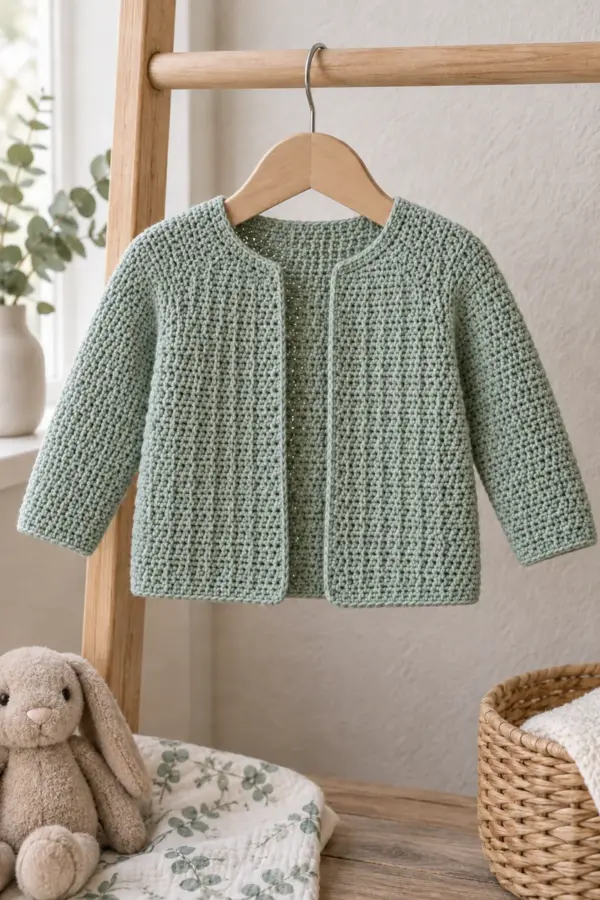 Pale-eucalyptus single-crochet open-front baby cardigan with subtle sideways wedge texture, shallow curved collarless neckline, plain long tapered sleeves and level lower silhouette