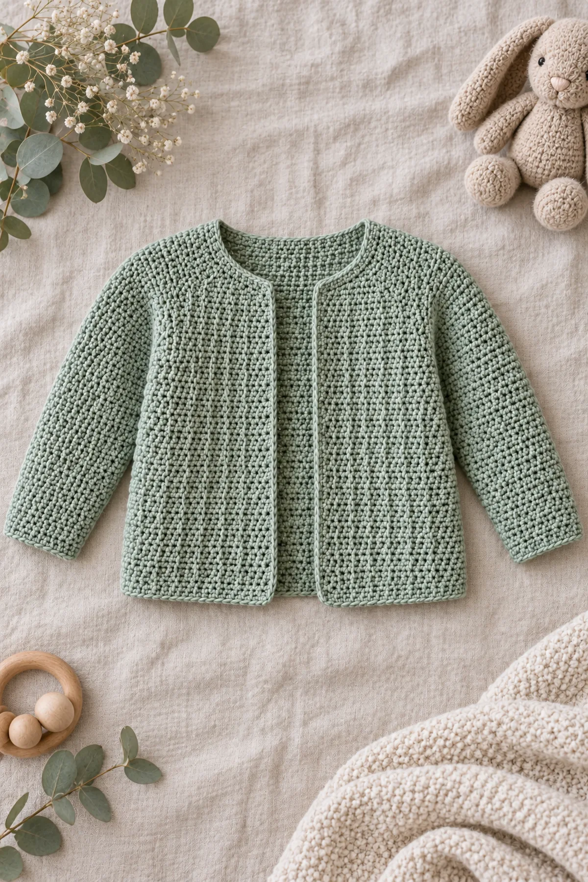 Completed pale-eucalyptus short-row crescent baby cardigan styled flat with shallow curved neck, fully open front, two long tapered plain sleeves and smooth edging