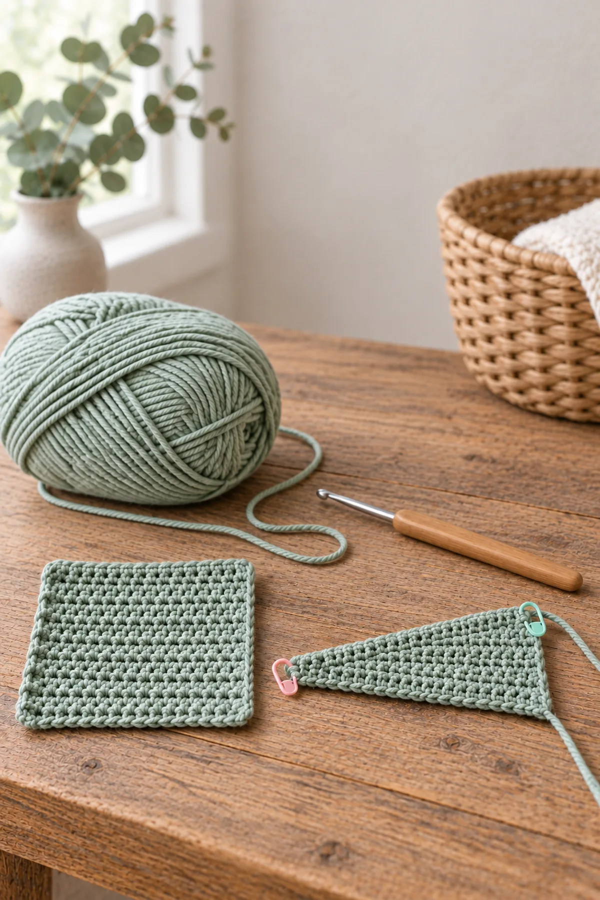 Pale-eucalyptus DK yarn, hook, ordinary single-crochet gauge swatch and one sideways short-row wedge swatch with two turn markers