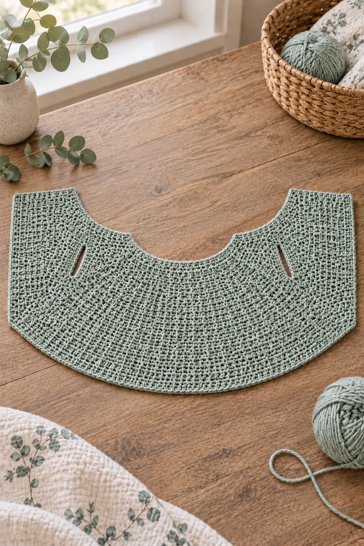 One pale-eucalyptus sideways single-crochet crescent body strip laid open with a shorter inner neckline, longer lower edge and two narrow counted sleeve slits, no sleeves yet