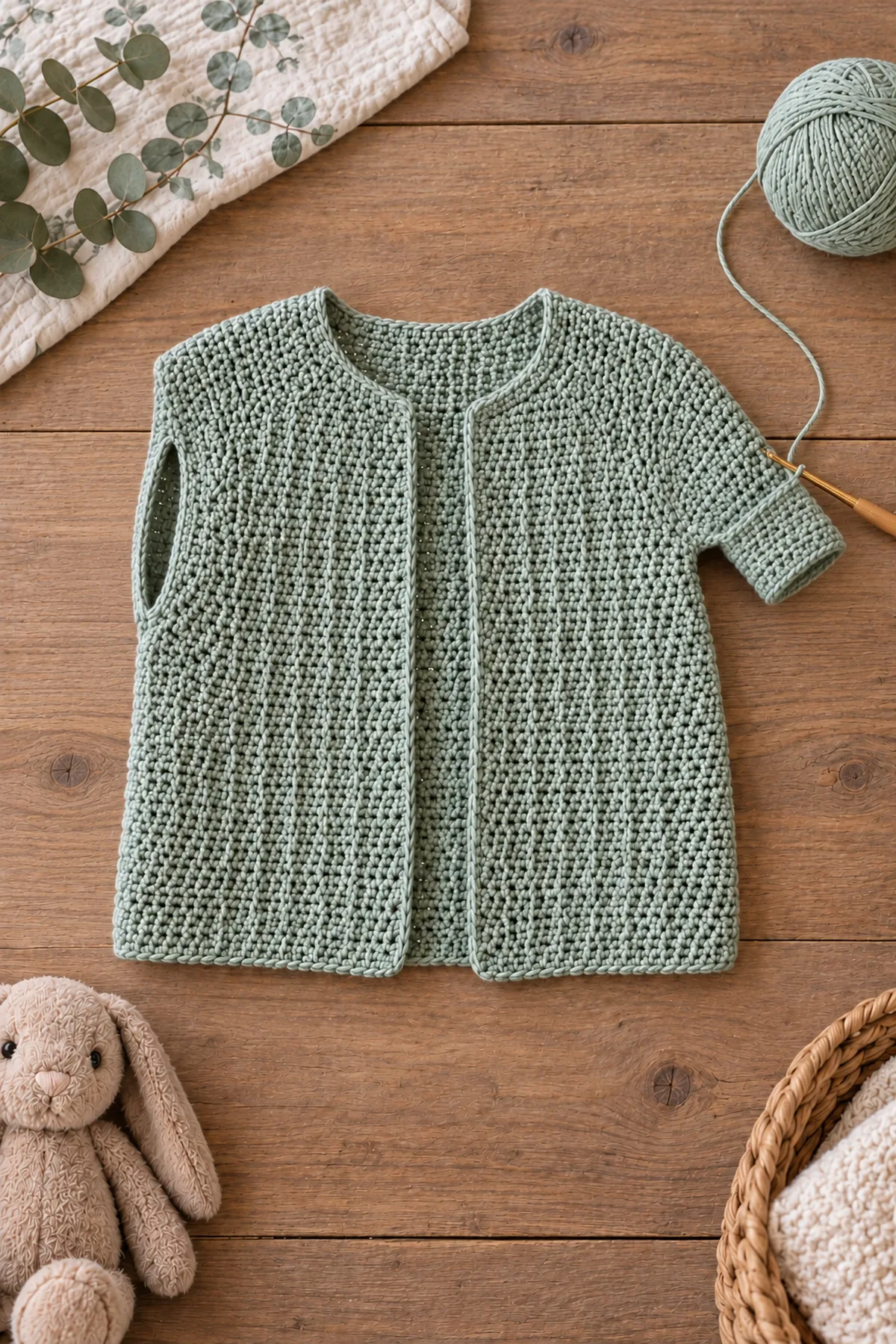 Pale-eucalyptus single-strip cardigan body with one plain sc sleeve being picked up around a counted slit, opposite slit still open and no finished front border