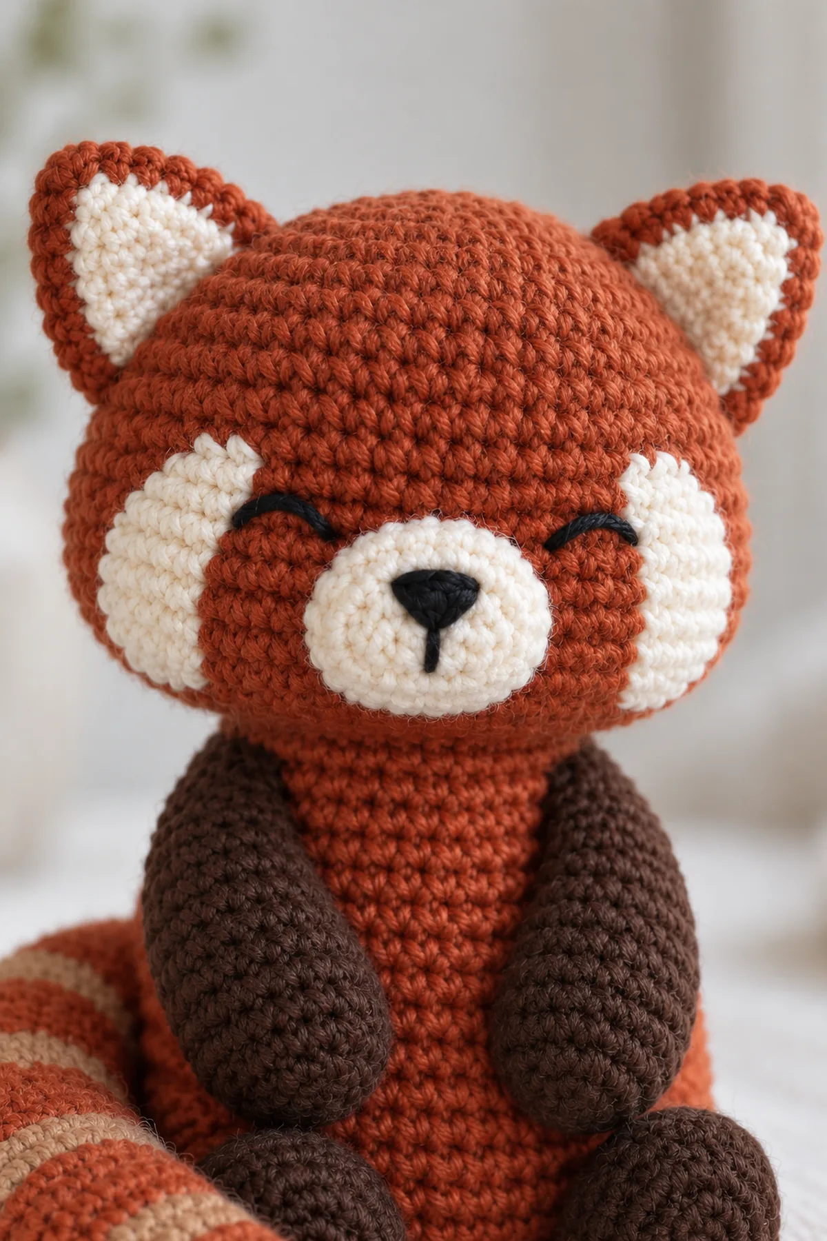 Close macro of original crochet red panda face showing two flat cream cheek patches completely sewn down, small cream muzzle and short black embroidered closed eyes and nose, rust yarn stitches and cream inner ears, no plastic hardware
